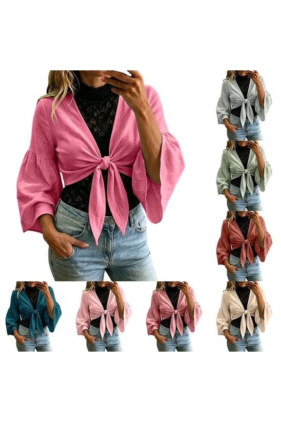 Hfnxid Womens Cotton Linen Cardigans Tie Front Flared Sleeves Cover Up Casual Cropped Cardigans Casual Fall Outerwear Gray XXL