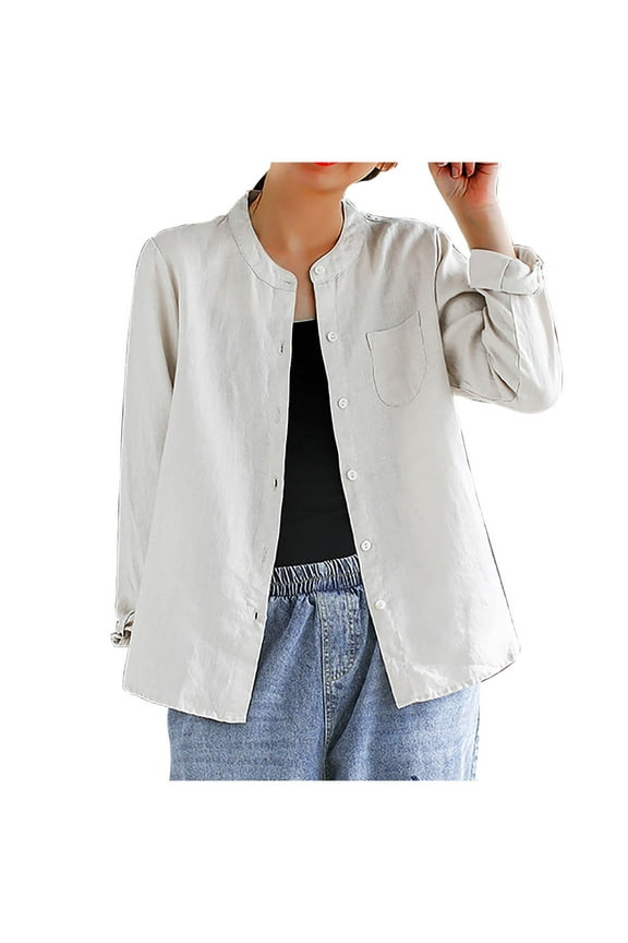 Hfnxid Womens Cotton Linen Shirt 3/4 Sleeve Button Down Shirt V Neck Button Lightweight Roll Sleeve Tops Trendy Casual Work Blouse -White