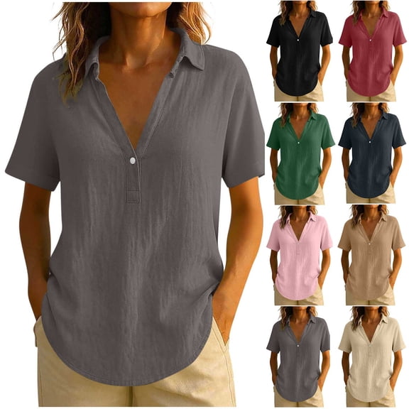 Hfnxid Cotton Linen Top for Womens Plaid Printed Long Sleeve Shirt V Neck Loose Fit Breathable Blouses Beach Vacation Beach Tees