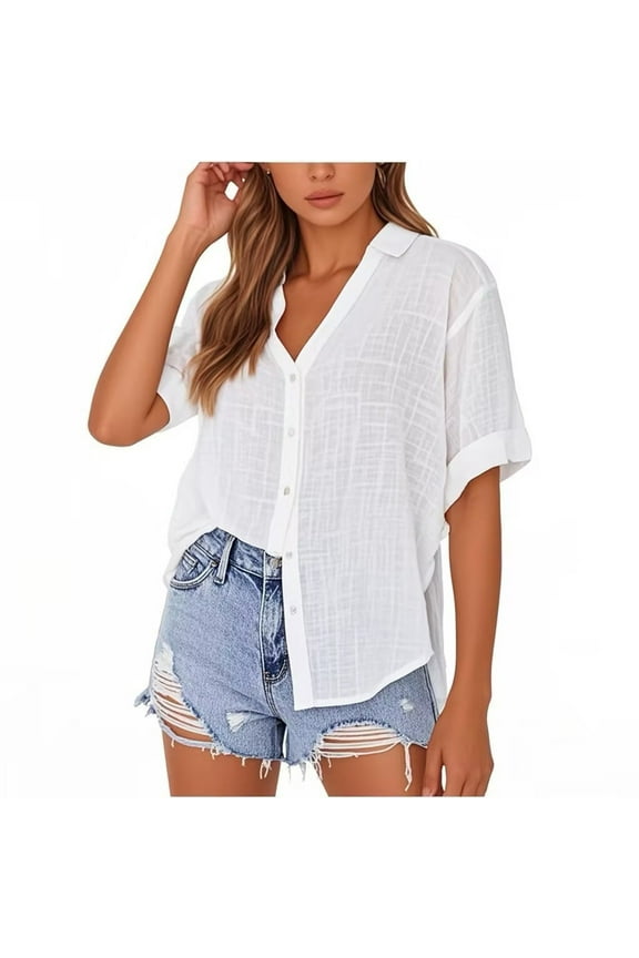 Womens Cotton Linen Tops V Neck Roll-Up Shirts Button Down Cuffed Short Sleeve Shirts Summer Casual Lightweight Blouse