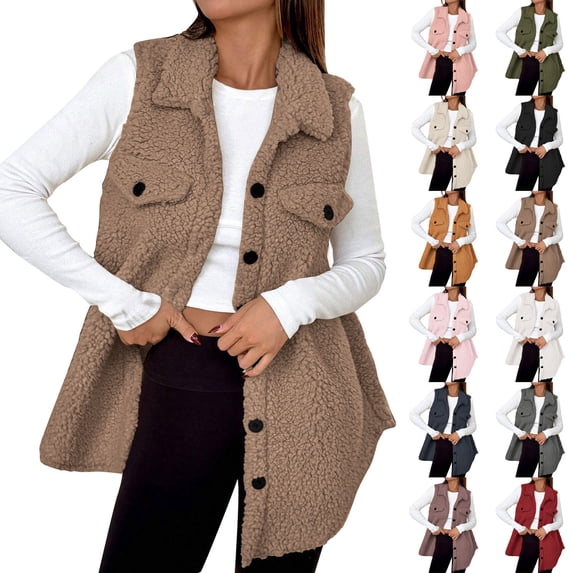 Hfnxid Womens Fleece Sherpa Vest Sleeveless Lapel Jacket Soft Button Down Vests Fuzzy Warm Winter Outerwear with Pockets