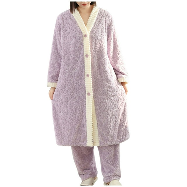 Hfnxid Womens Fleece Warm Plush Robe, Comforable Soft Fluffy Bathrobes for Women Winter Button