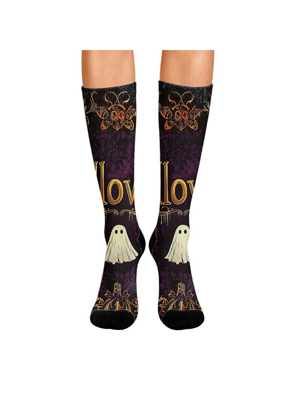 Womens Halloween Spooky Ghost Graphic Crew Socks Novelty Gothic Mid Calf Casual Holiday Party Cosplay Costume Accessories Gag Gifts