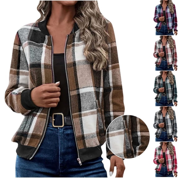Hfnxid Womens Jackets Flannel Plaid Full Zip Shacket Jacket Loose Fit Stand Collar Coats Casual Fall Clothes with Pockets Brown M