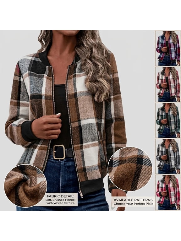 Hfnxid Womens Jackets Flannel Plaid Full Zip Shacket Jacket Loose Fit Stand Collar Coats Casual Fall Clothes with Pockets Gray S