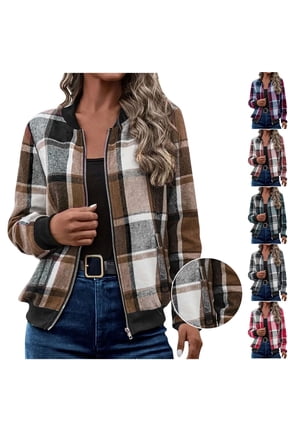Hfnxid Womens Jackets Flannel Plaid Full Zip Shacket Jacket Loose Fit Stand Collar Coats Casual Fall Clothes with Pockets Hot Pink L