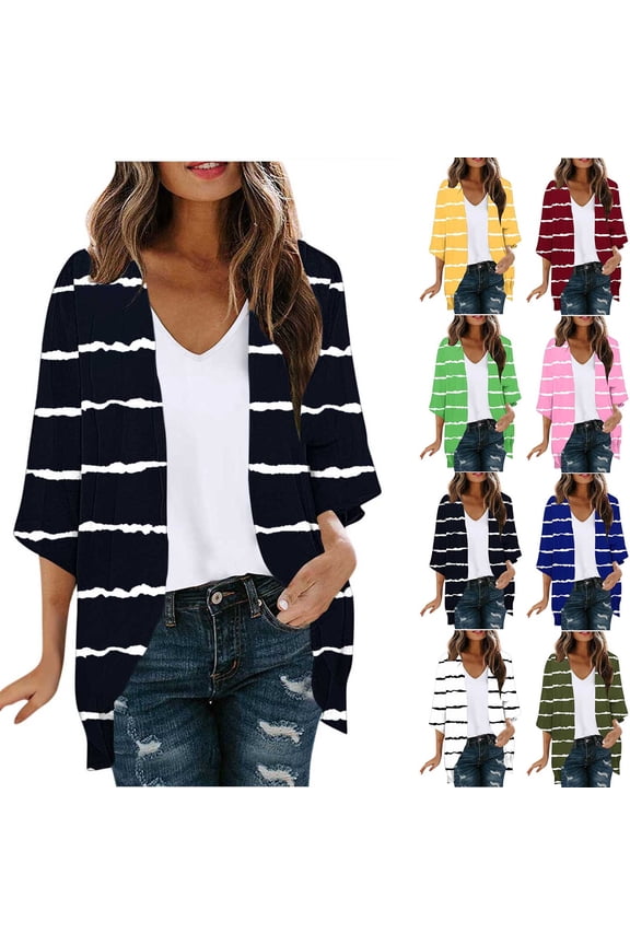 Hfnxid Womens Kimono Cardigan Loose Fit Tie Dye 3/4 Sleeve Cover-Ups Lightweight Striped Shrug Fashion Fall Cardigans Green XL