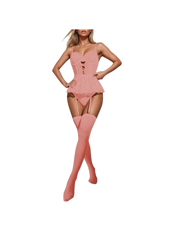 Womens Lace Bodysuit with Thigh High Stockings Sheer Mesh Adjustable Strap Lingerie Set Stretch Fit Backless Romper Intimates Outfit