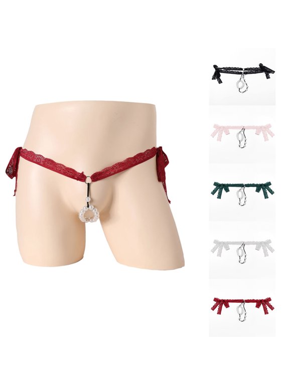 Womens Lace Pearl Thongs Low Rise G-String Panties Adjustable Side Tie Knotted Underwear Elegant Soft Open Front Lingerie Briefs