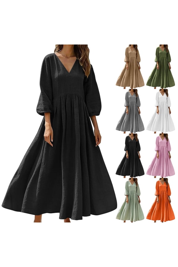 Womens Linen Dresses Fashion 3/4 Sleeve V-Neck Maxi Dress Pleated Loose Fit Flowy Boho Frock Casual Lightweight Comfy Sundresses Khaki L