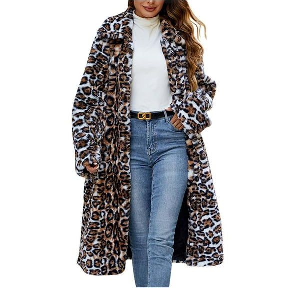 Hfnxid Womens Long Faux Fur Coat Leopard Shaggy Jacket Lapel Open Front Thick Fleece Trench Coat Winter Warm Fluffy Overcoat