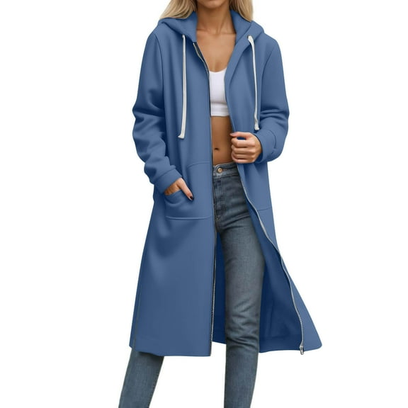 Hfnxid Womens Long Hoodies Zip Up Hooded Sweatshirt Jackets Side Split Drawstring Hoodie Loose Fit Solid Fall Outfit with Pockets