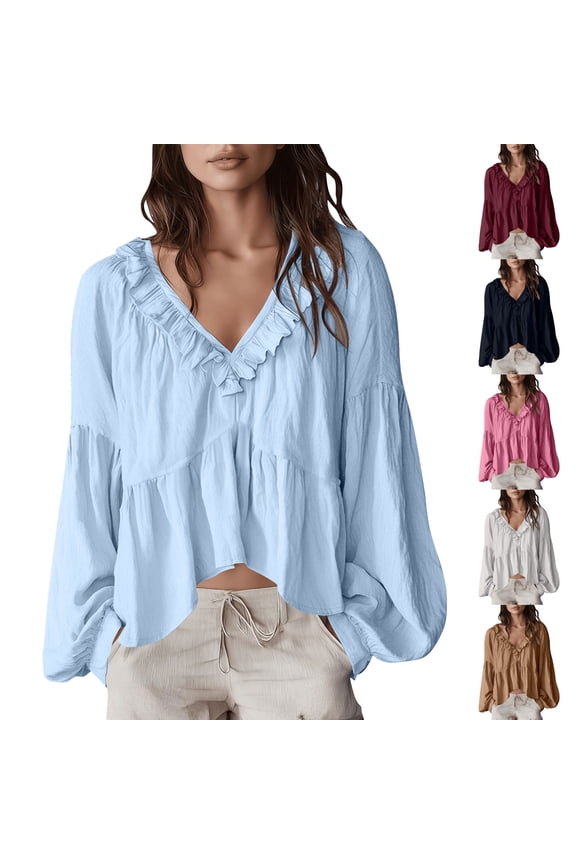 Hfnxid Womens Long Sleeve Tops Puff Ruffle Lightweight Top V Neck Casual Blouse Loose Fit Vacation Tops Pink XXXL