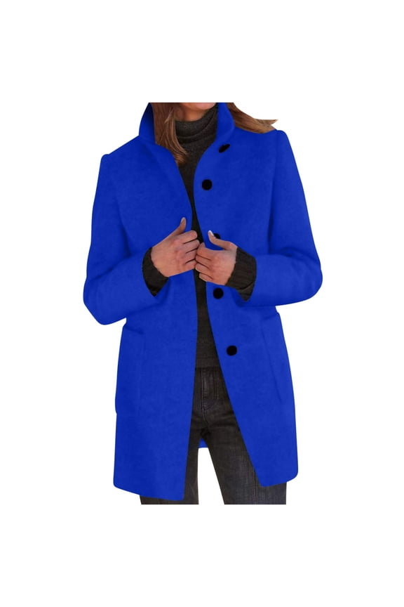 Womens Pea Coat Plus Size Wool Blend Overcoat Stand Collar Single Breasted Jackets Mid Long Thicken Blazer Jacket with Pockets