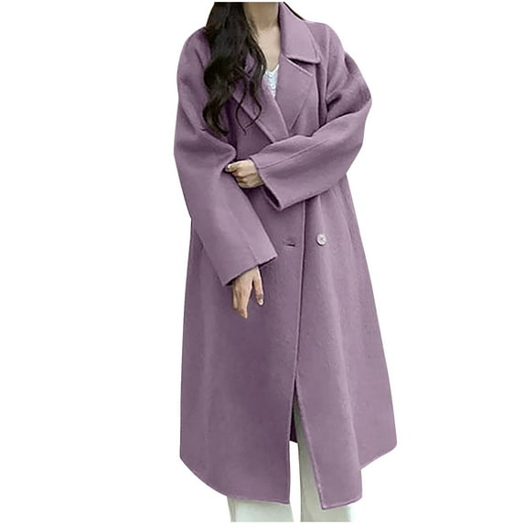 Hfnxid Womens Pea Coat Wool Blend Notched Lapel Winter Trench Coat Elegant Solid Warm Overcoat Classic Fit Double Breasted Jackets