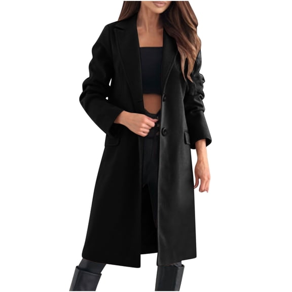 Hfnxid Womens Pea Coats Wool Blend Notched Lapel Overcoat Classic Fit Single Breasted Winter Trench Coat with Pockets