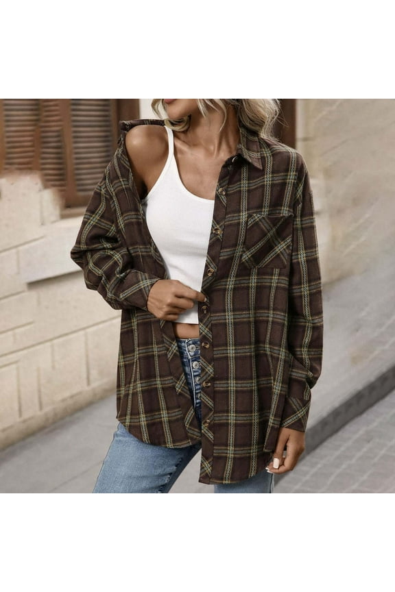 Womens Plaid Flannel Shirt Regular Fit Long Sleeve Lightweight Blouse Tops Lapel Button Down Shirts