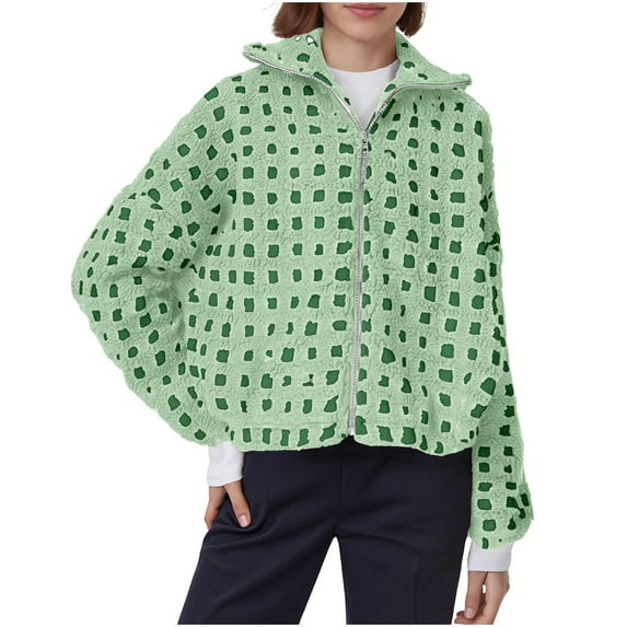 Hfnxid Womens Plaid Jacket Fuzzy Fleece Zip Up Flannel Coat Loose Fit Lapel Sherpa Checkered Coats Trendy Cropped Fluffy Jackets