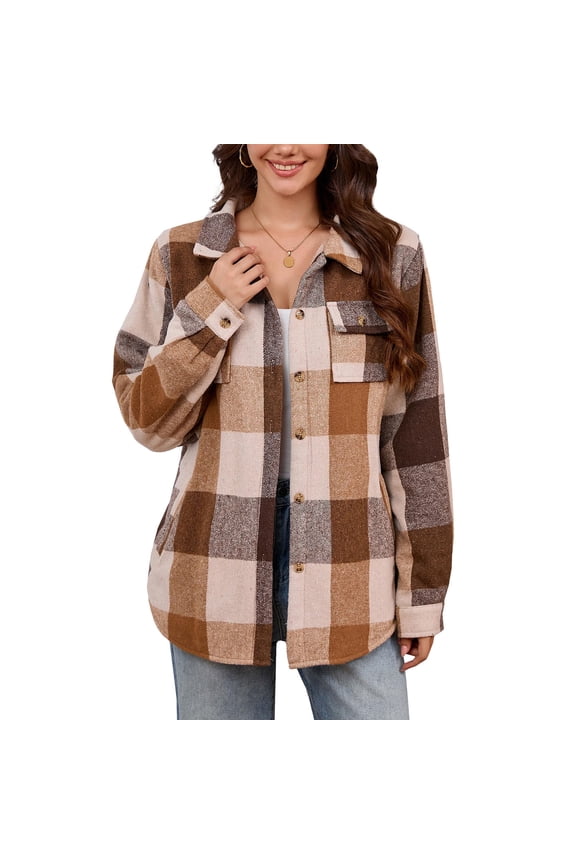 Womens Plaid Shacket Jacket Button Down Fleece Lined Tartan Jackets Long Sleeve Thicken Lapel Flannel Shirt Coat with Pocket