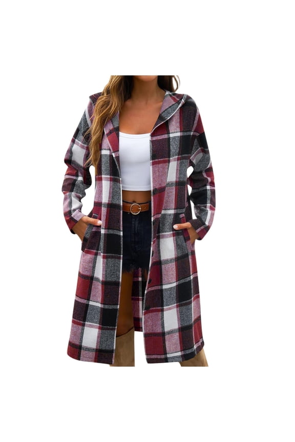 Womens Plaid Shacket Jacket Long Hooded Coat Shirt Casual Lapel Button Down Flannel Trench Coats with Pockets
