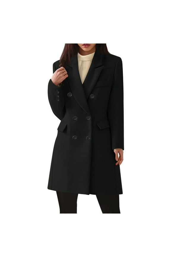 Womens Plus Size Pea Coats Basic Essential Double Breasted Mid-Long Overcoat Elegant Fall Winter Trench Coat with Pockets