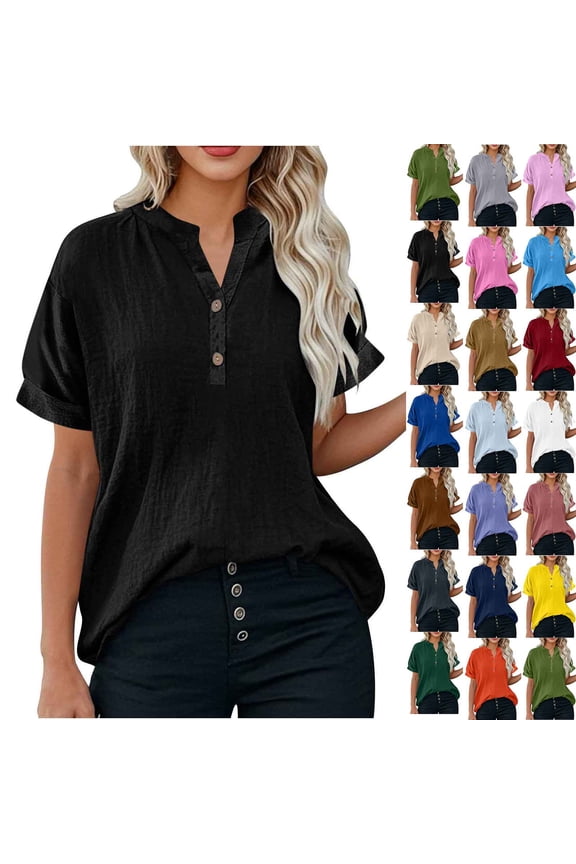 Hfnxid Womens Plus Size Top Henley Short Sleeve Tops Casual Business Button Up Blouses Summer Vacation Loose Fit Tee Shirts