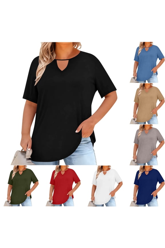 Hfnxid Womens Plus Size Tops Summer Short Sleeve Shirts Trendy Keyhole Crewneck Top Lightweight Casual Vacation Blouses Gray XXXXL