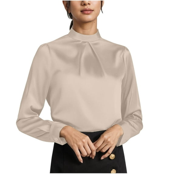Hfnxid Womens Satin Shirts Long Sleeve Mock Neck Elegant Pleated Soft Silk Shirt Tops Business Casual Office Work Blazer