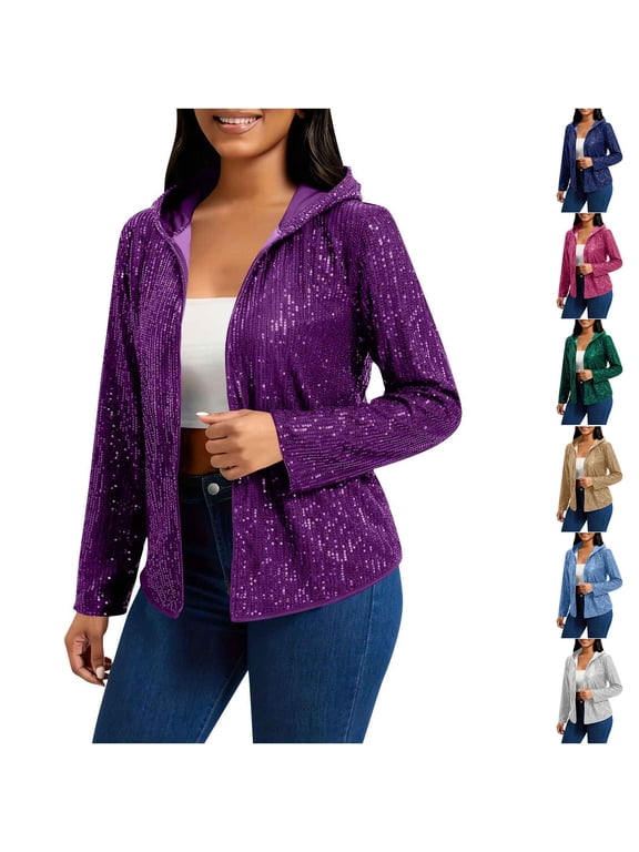 Hfnxid Womens Sequin Cardigan Lightweight Party Open Front Cardigans with Hooded Going Out Nightclub Sparkly Jacket Silver XXL