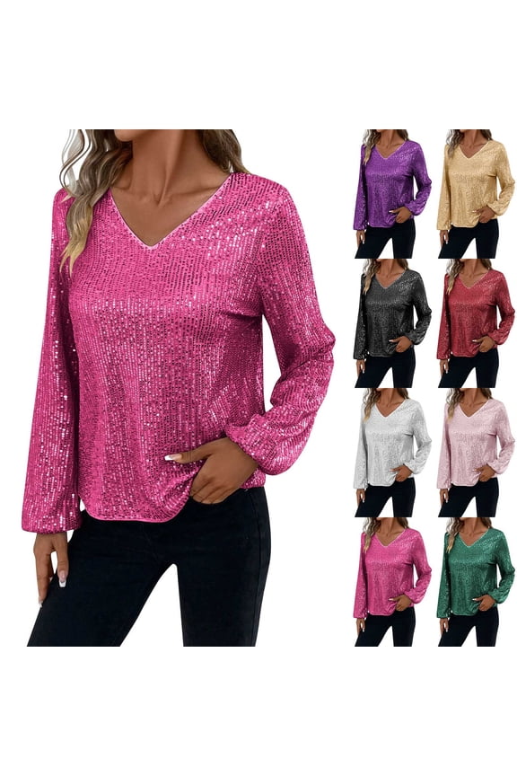 Hfnxid Womens Sequin Sparkly Tops Fashion V Neck Long Sleeve Shirt Fashion Tunic Holiday Party Blouse Dressy Casual Sparkle Shimmer Top Hot Pink XXL