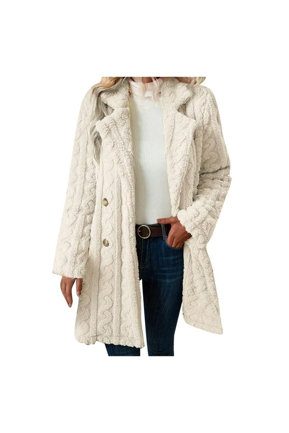 Womens Sherpa Jackets Double Breasted Notched Lapel Fleece Peacoat Chunky Cable Knit Winter Trench Coat Long Faux Fur Warm Outwear Jackets