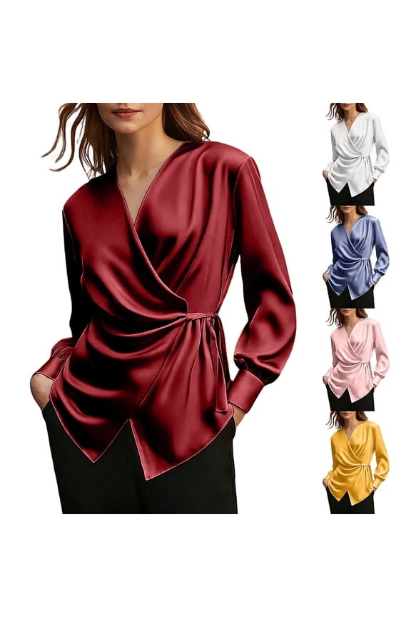 Hfnxid Womens Silk Satin Tops Business Casual Long Sleeve Shirts Dressy Wrap Tie Waist Shirts Fashion V Neck Work Clothes Pink S