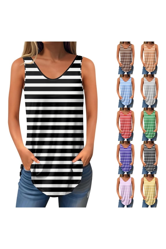 Hfnxid Womens Striped Tank Top Longline Hem V Neck Sleeveless Shirt Casual Loose Fit Trendy T-Shirts Summer Vacation Going Out Blouse