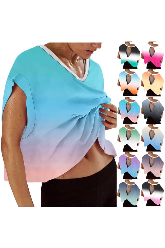 Hfnxid Womens Summer Top Loose Fit Cap Sleeve Workout Shirts Open Back Gradient Tops Casual Athletic Gym Running Tees White XXL
