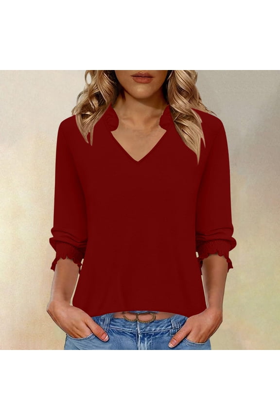 Hfnxid Womens Summer Tops Dressy Casual 3/4 Sleeve V Neck Tops Lightweight Comfy Business Blouse Casual Chiffon Work Office Shirts Wine XXL