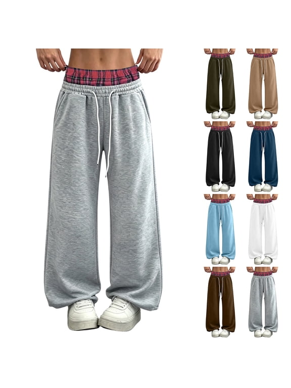 Hfnxid Womens Sweatpants Baggy Wide Leg Pant Waist Patchwork Lounge Pant Fashion Streetwear Trousers Black,S