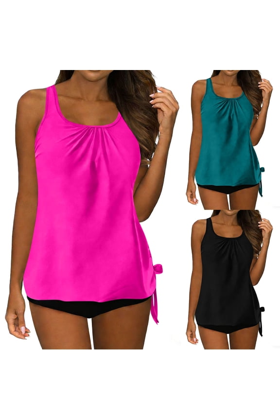 Hfnxid Womens Tankini Swimsuits Square Collar Sleeveless Swimsuit Tummy Control Pleated Bathing Suit Fashion Beach Vacation Two Piece Modest Swimwear Hot Pink S