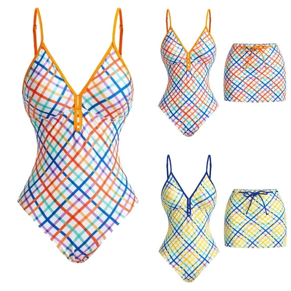 Hfnxid Womens Tankini Swimsuits Two Piece Color Blocked Plaid Bathing Suit Slimming Tummy Control Swimsuit Beach Althetics Swimwear with Skirt ZA-Blue L