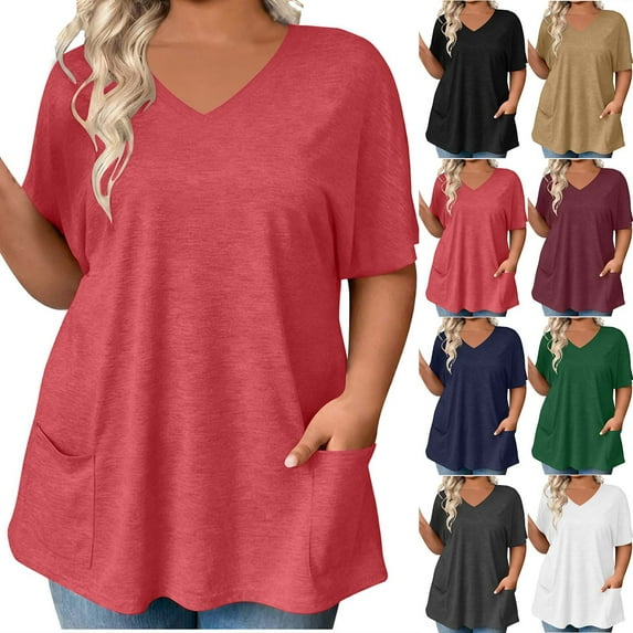 Hfnxid Womens Tops Loose Fit V Neck Short Sleeve Shirts Solid Color Tunic Stretch Top Summer Casual Pleated Vacation Tshirts with Pockets Army Green XL