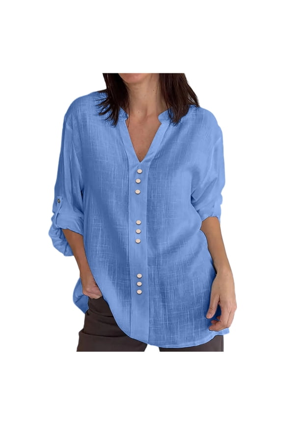 Womens V Neck Shirt Roll Up Long Sleeve Shirts Loose Fit Button Decor Pullover Tops Breathable Gauze Blouses