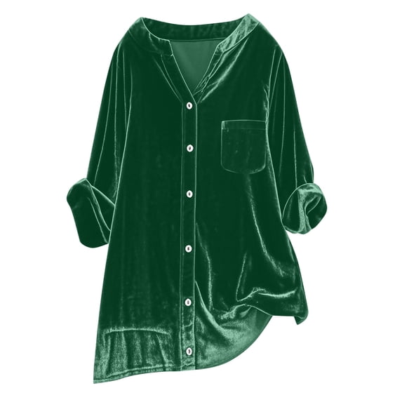 Hfnxid Womens Velevet Shirt Plus Size Button Down Shirt V Neck Long Sleeve Blouse Tops Elegant Office Work Blouses with Pocket