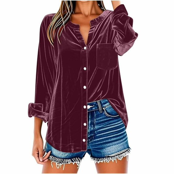 Hfnxid Womens Velevet Shirt Plus Size Button Down Shirt V Neck Long Sleeve Blouse Tops Elegant Office Work Blouses with Pocket