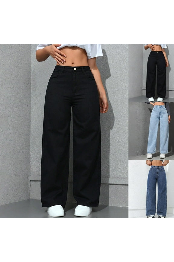 Hfnxid Womens Wide Leg Jean High Waisted Stretch Casual Trouser Fashion Straight Legs Business Trousers with Pockets Loose Fit Outdoor Vacation Denim Pant Blue M