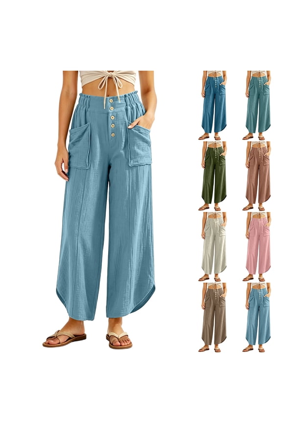 Hfnxid Womens Wide Leg Pants Loose Fit Boho Palazzo Pant Button Elastic Waist Trousers Casual Beach Vacation Trouser Mint Green L