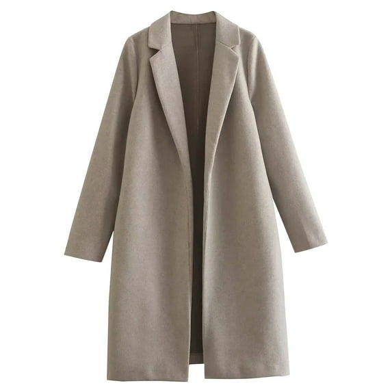 Hfnxid Womens Wool Blend Jacket Long Open Front Pea Coat Thicken Warm Notched Lapel Overcoat Winter Trench Coat Solid Jackets Outerwear