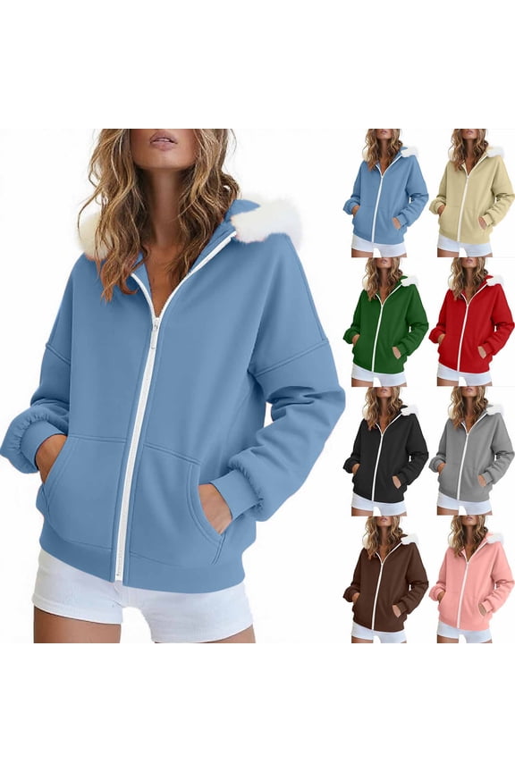 Hfnxid Womens Zip Up Hoodies Oversizedd Fur Trim Hooded Sweatshirts Casual Long Sleeve Coat 2026 Fall Winter Jacket with Pockets Gray L