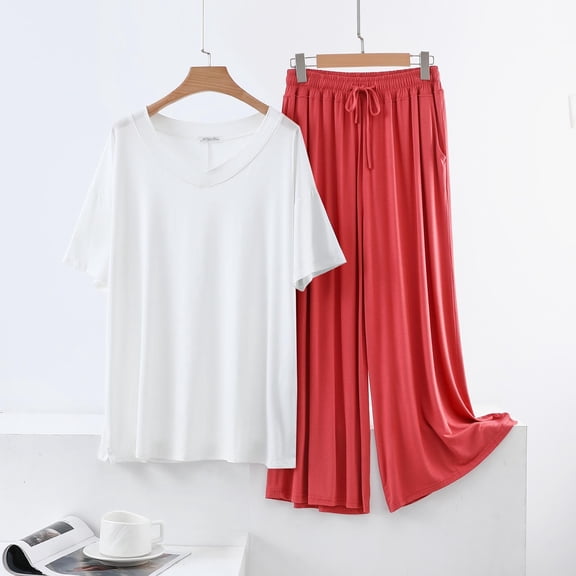 Hfnxid summer lounge sets for women Women's V-Neck Loose Solid Color T-shirt Lace Up Wide Leg Pants Home Wear Two-piece Pajama Sets