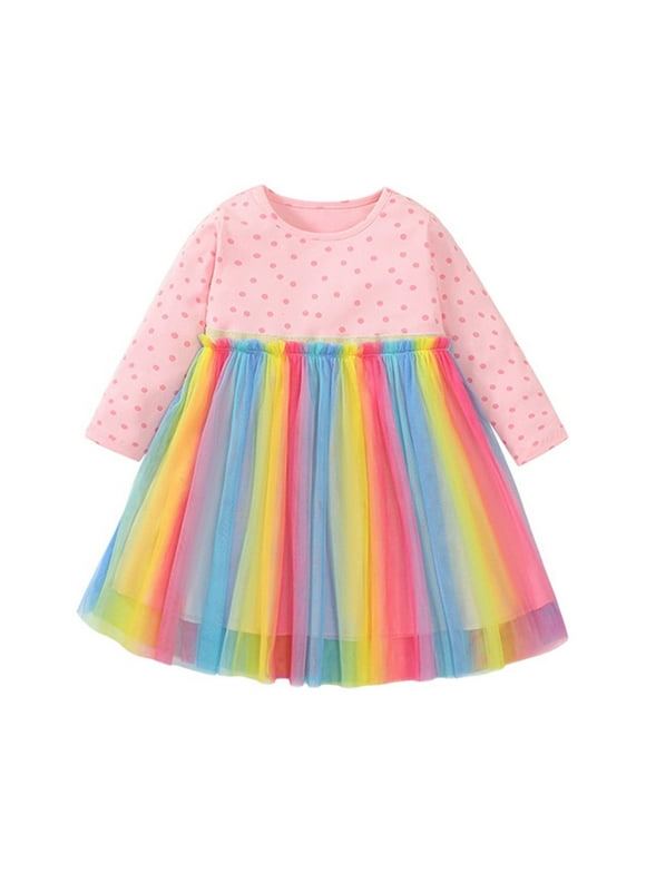 Hfolob Baby Girl Dress Crew Neck Princess Dress Spring Fall Outfits Long Sleeve Polka Dot Girls Dress Newborm Colourful Tulle Dress Baby Girl Clothes
