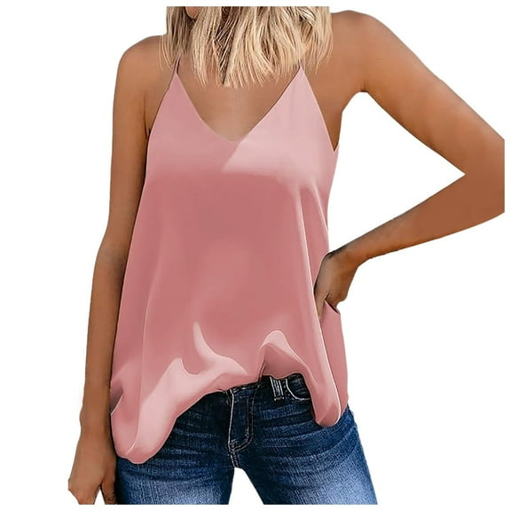 Hfolob Camisole Tops for Women Solid Color Silk Strap Sleeveless Satin Non Slip Soft Cami Shirts