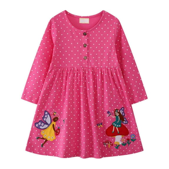 Hfolob Fancy Girl Dress Kids Embroidered Patchwork Round Neck Long Sleeve Casual Summer Beach Sundress 2-3 Years